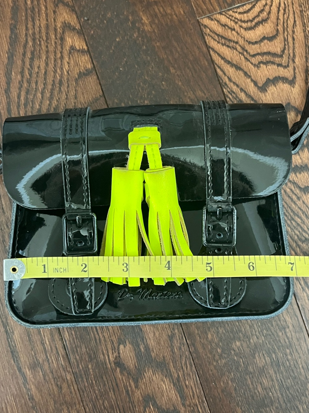 Dr Martens Black Patent Crossbody Bag with Neon Yellow Tassel - Picture 11 of 13